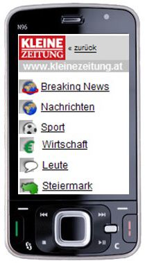 Handy mit der ersten Mobilausgabe der Kleinen Zeitung Online. Zu sehen sind die Rubriken Breaking News, Nachrichten, Sport, Wirtschaft, Leute und Steiermark als einfache Links samt passendem Icon.