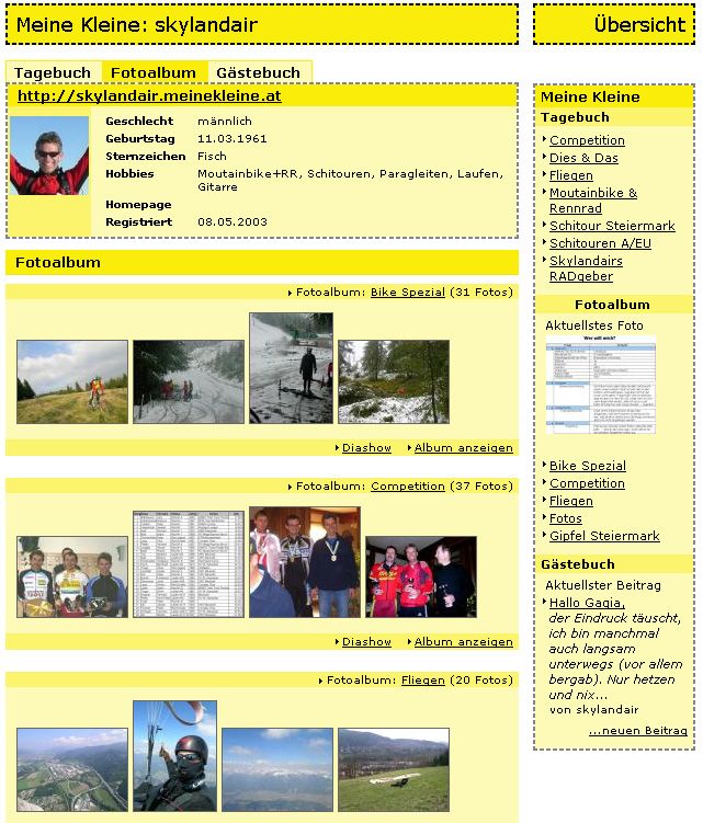 Screenshot einer Weblog-Seite. Die einzelnen Elemente sind in Gelb gehalten, es gibt ein Tagebuch, Fotoalbum und Gästebuch auf dem Profil.